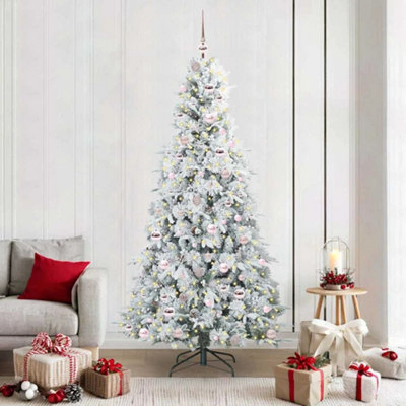 Image of vidaXL Artificial Hinged Christmas Tree with Pink Balls Snow Flocked Green 210cm PE and PVC, Green 3397499