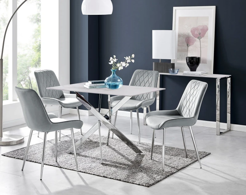 Image of FurnitureboxUK FurnitureboxUK Leonardo White Glass Marble Effect Silver Leg Table & 4 Pesaro Silver Chairs in Grey Grey One Size Unisex 5056657189167