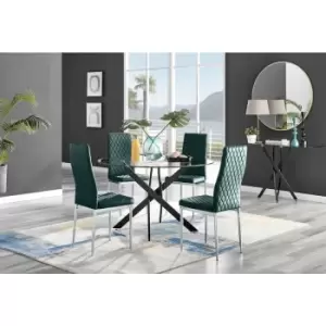 Image of Furniturebox Novara Black Leg 120cm Round Glass Dining Table & 4 Green Milan Velvet Dining Chairs Diamond Stitch Modern Contemporary Chrome Metal