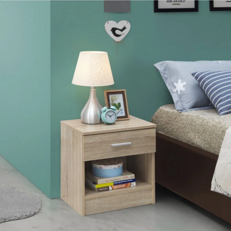 Image of Timber Art Design Rio Costa Bedside Cabinet Bedroom Furniture Nightstand Table 1 Drawer Sonoma Oak