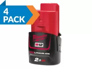 Image of Milwaukee M12B2/4 M12 12v 2Ah Red Lithium-Ion Batteries 4pk