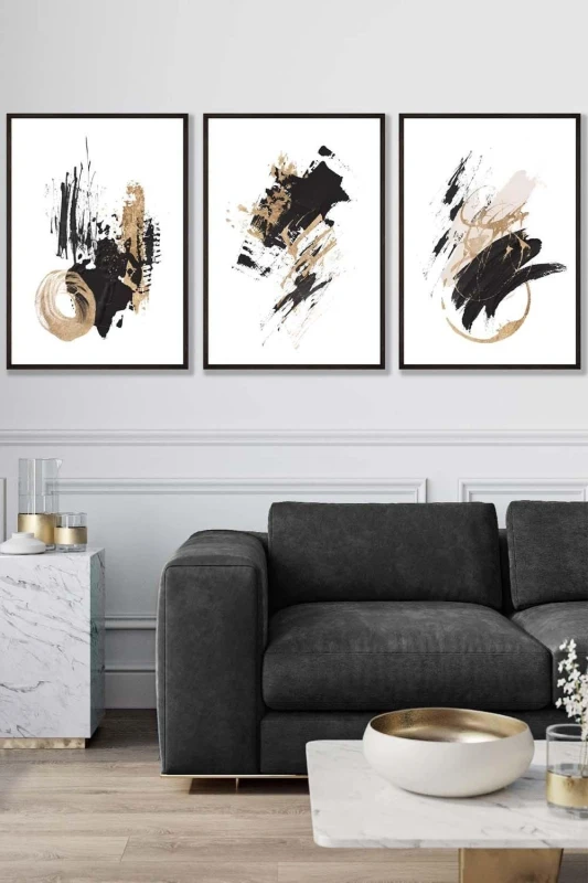 Image of ARTZE Set of 3 Black Framed Abstract Black Ivory & Gold Oil Strokes Wall Art Size: W45cm x H62cm x D20mm Black Unisex W45cm x H62cm x D20mm