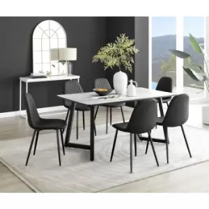Image of Furniturebox UK - Furniturebox Carson White Marble Effect Rectangular 160cm Dining Table & 6 Black Corona Faux Leather Dining Chairs with Black Legs