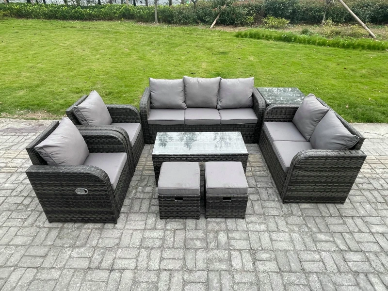 Image of Fimous Outdoor Rattan Garden Furniture Set Rattan Lounge Sofa Set with Rectangular Coffee Table Side Table 2 Small Footstools Dark Grey Mixed Dark Gre