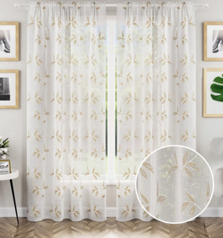 Image of Tyrone Textiles Oasis Embroidered Leaf Design Voile Panels - Pair - Beige Beige 140x183cm