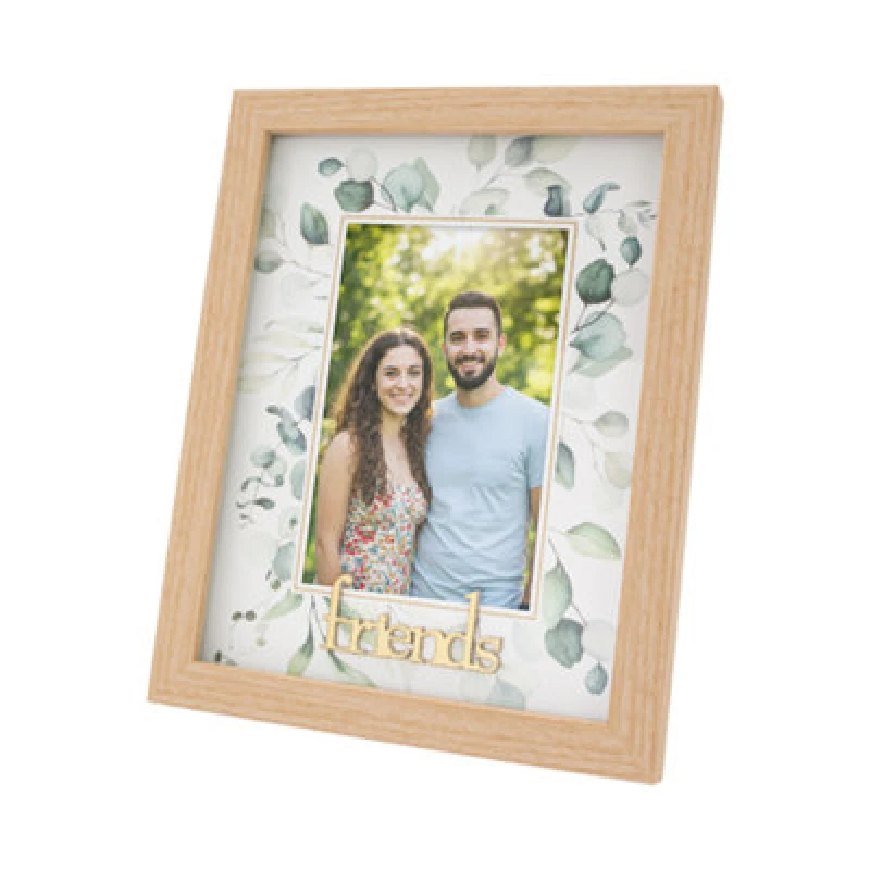 Image of Happy Homewares Modern Oak Mdf Gold Friends Picture Frame With Green Floral Decoration