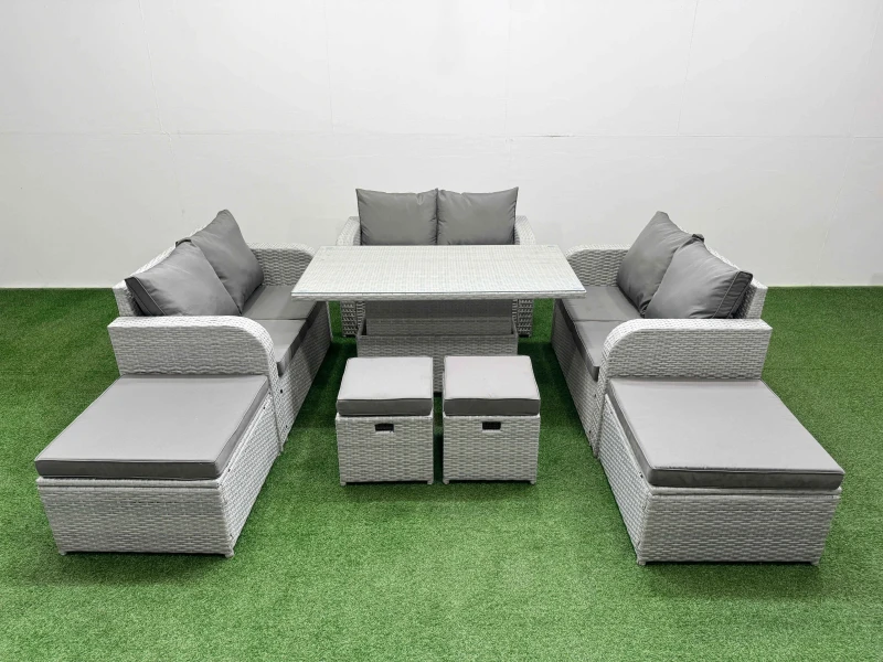 Image of Fimous 8 PCs Rising Dining Table Set Inclining Love Sofa Seat Big Footstool in Light Grey Light Grey Unisex