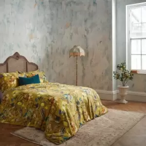 Image of Morton Floral Printed Cotton Sateen Piped Duvet Cover Set Ochre, Ochre / Super King
