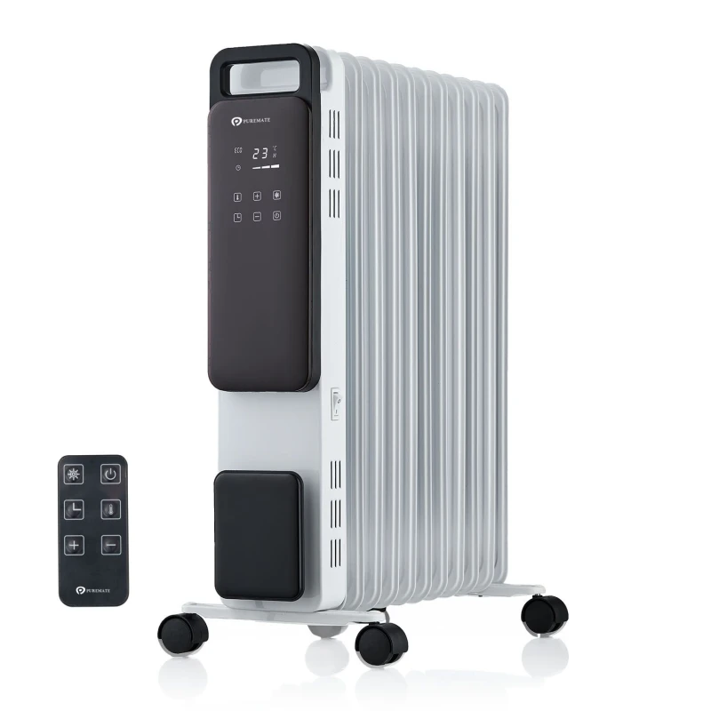 Image of PureMate 2500W 11 Fin Oil Filled Radiator - Portable Electric Heater w/ Digital Screen, Touch Control, Adjustable Thermostat, 3 Heat Modes, 24Hr White