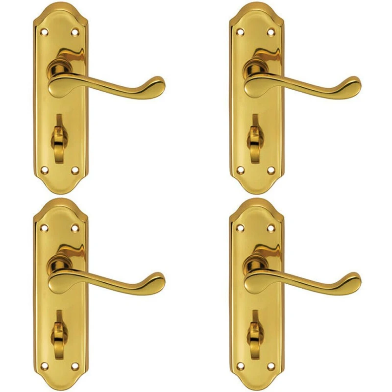 Image of Loops 4x PAIR Victorian Upturned Lever on Bathroom Backplate 168 x 47mm Polished Brass Metallics