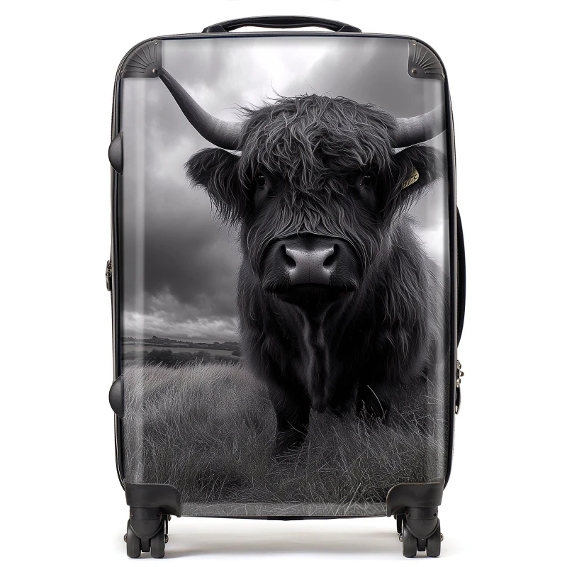 Image of Warren Reed - Designer Black & White Highland Cow Suitcase in Grey Size: Medium Grey Unisex Medium