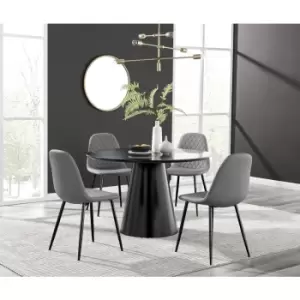Image of Furniturebox Palma Black Semi Gloss 120cm Round Minimalist Dining Table & 4 Grey Corona Faux Leather Dining Chairs with Black Legs Diamond Stitch