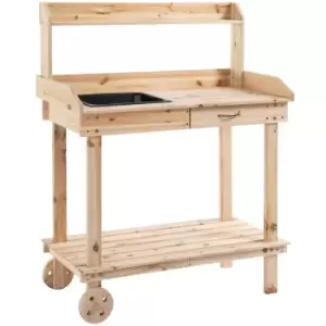 Image of Outsunny Garden Potting Bench Table, Wooden Work Station, Outdoor Planting Workbench with 2 Wheels, Sink, Drawer & Large Storage Spaces, 92x45x119cm