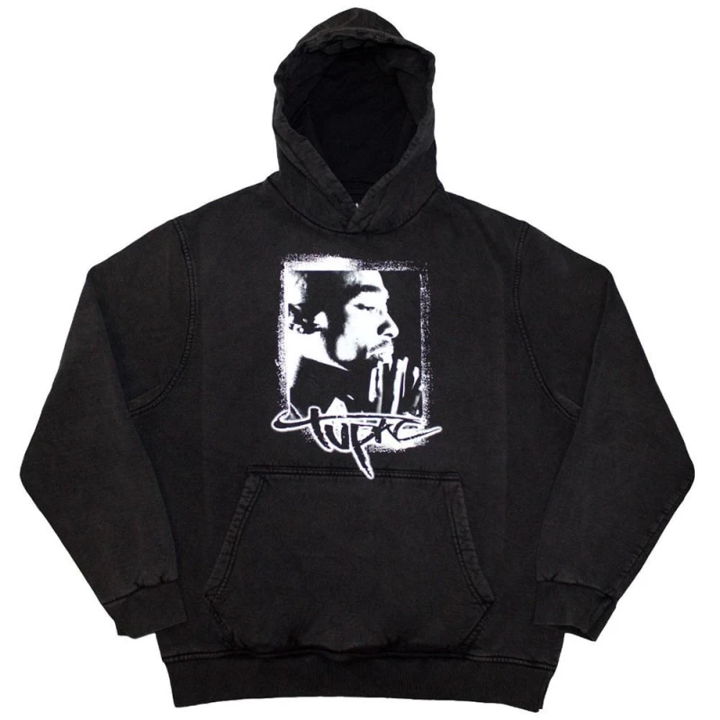 Image of Tupac Shakur Mens Spray Photo Hoodie in Charcoal Size: XL Charcoal Male XL