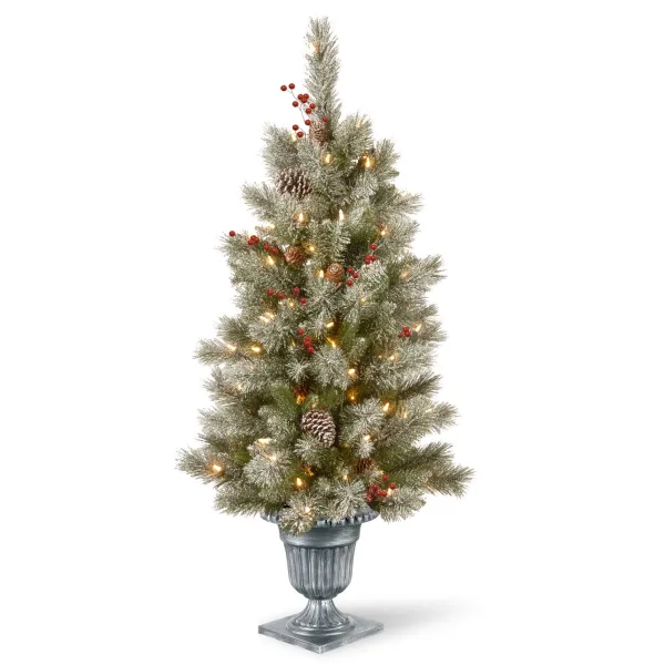 Image of Snowy Bristle Berry Pine 4ft Entrance Pre-lit Christmas Tree Green