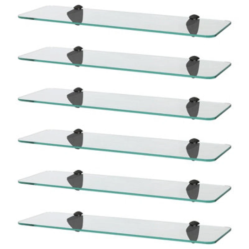 Image of Harbour Housewares 6X Rounded Floating Glass Shelves - 50Cm - Black Brackets - Bathroom Shower Storage Vanity Display Unit Shelf