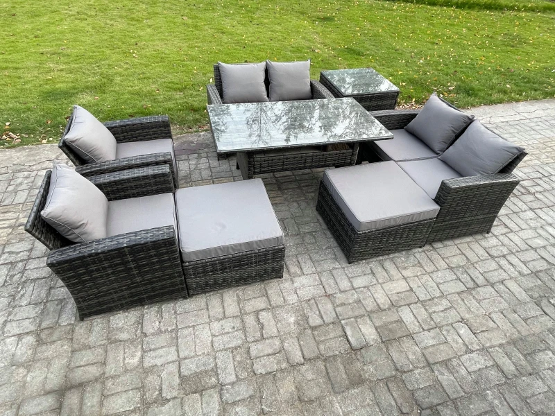 Image of Fimous Garden Furniture Sets 8 Pieces Rattan Furniture Handmade Wicker Patio Sofa Set with 2 Big Footstool Side Table Dark Grey Mixed Dark Grey Unisex