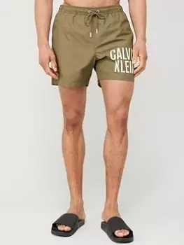 Image of Calvin Klein Medium Large Logo Swim Shorts - Dark Green, Dark Green, Size S, Men