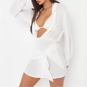 Image of Missguided Cheesecloth Tie Waist Beach Cover Up Shirt Dress - White