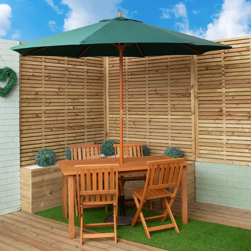 Image of Outdoor 4 Person Rectangular Wooden Garden Patio Dining Table Chairs with Green Parasol and Base Set