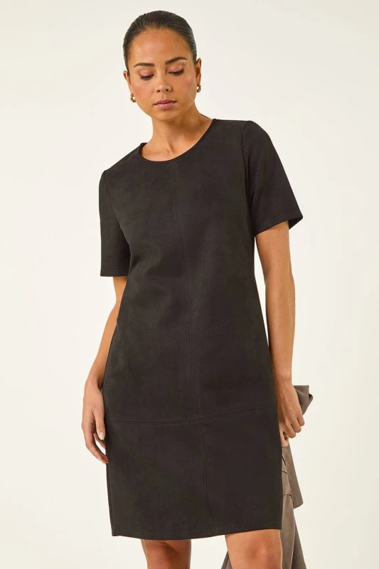 Image of Roman Womens Petite Premium Stretch Suede Shift Dress in Black Size: 14 Black Female 14