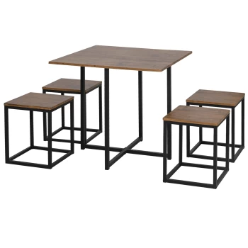 Image of HOMCOM 5 PCS Industrial Table & Stool Set w/ Metal Frame Home Dining Stylish Square Compact Seating Chair Beautiful Cool Black Brown AOSOM UK