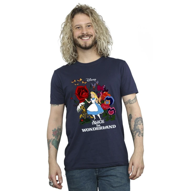 Image of Disney Men Alice In Wonderland Flowers T-Shirt in Navy Size: Small Navy S Male 5063283636293