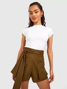 Image of Boohoo Tie Waist Cargo Pocket Short - Khaki, Green, Size 10, Women