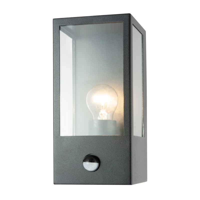 Image of Happy Homewares Modern Outdoor PIR Sensor Wall Light Fitting with Box Lantern Shape IP44 Rated in Black Unisex
