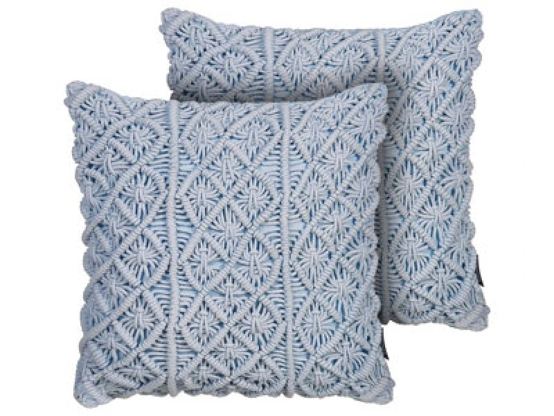 Image of Beliani Set Of 2 Decorative Cushions Goreme Boucle 45 X 45cm Blue Geometric Pattern