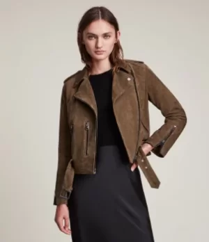 Image of AllSaints Womens Balfern Suede Biker Jacket, Khaki Green, Size: 12