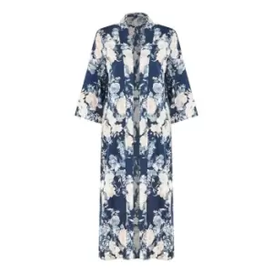 Image of Yumi Navy Floral Satin Kimono - Blue