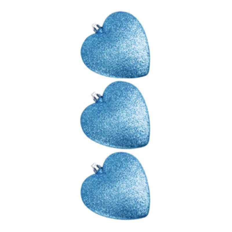 Image of Davies Products Glitter Hearts Bauble (Pack Of 3) Kingfisher Blue (9Cm)