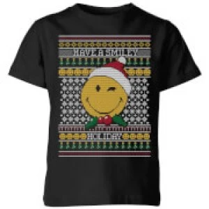 Image of Smiley World Have A Smiley Holiday Kids Christmas T-Shirt - Black - 3-4 Years