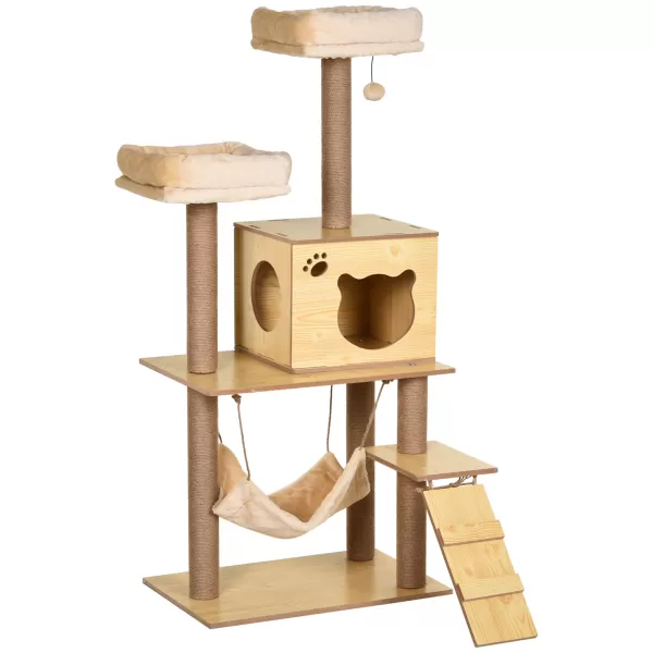 Image of PawHut Cat Tree, 130cm Cat Tree for Indoor, Multi-Level Plush Cat Climbing Tower w/ Scratching Posts, Perches, Cat Condo, Ball for Large Cat, Yellow
