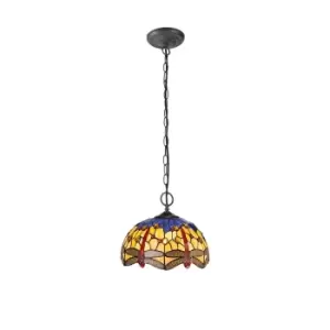 Image of 2 Light Downlighter Ceiling Pendant E27 With 30cm Tiffany Shade, Blue, Orange, Crystal, Aged Antique Brass