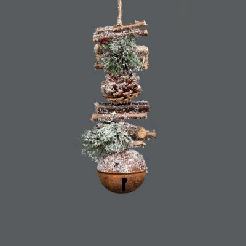 Image of Shatchi Hanging Decoration with Jingle Bells Wooden Sticks, Berries and Pinecones Christmas Home Wall Door 33cm Rustic Brown