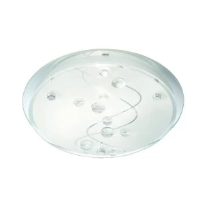 Image of Flush Ceiling 2 Light Frosted Patterned Mirror Glass with Clear Beads, E27
