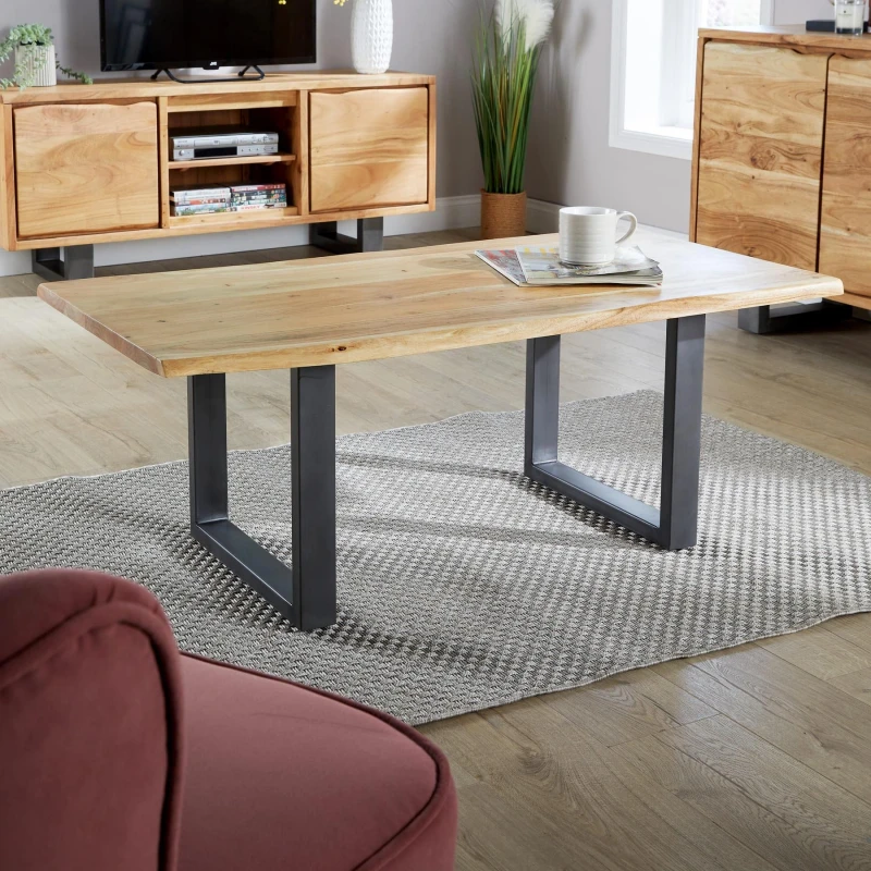 Image of Home Source Live Edge Coffee Table Solid 26mm Acacia Top Black Metal Legs