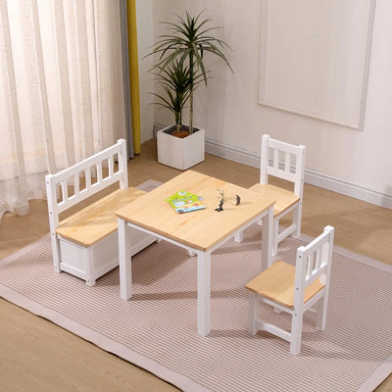 Image of Furniturehmd 4 Piece Kids Table And Chair Set, Nursery Sets,bench With Hidden Storage Space,solid Pine Wood