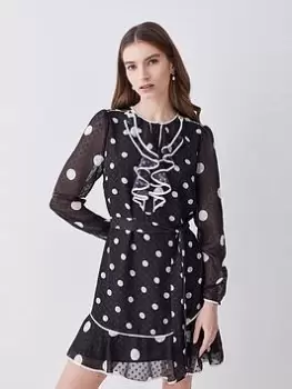 Image of Karen Millen Dot Print Ruffle Belted Mini Dress - Monogram, Black, Size 10, Women