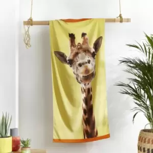 Image of Catherine Lansfield - Giraffe Living The High Life 100% Cotton Beach Towel, Yellow