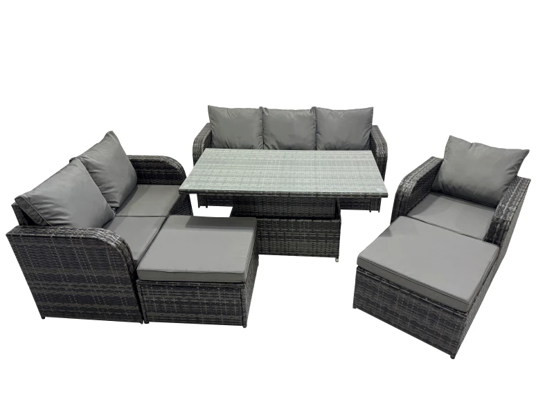 Image of Fimous Rattan Garden Furniture Dining Set 8-seater with 2 Big Footstool in Dark Grey Dark Grey Unisex
