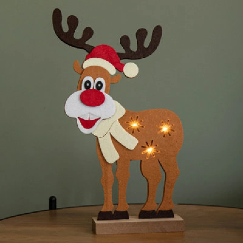 Image of Samuel Alexander Premier 32cm Felt Reindeer with Santa Hat and 3 Warm White LED Brown