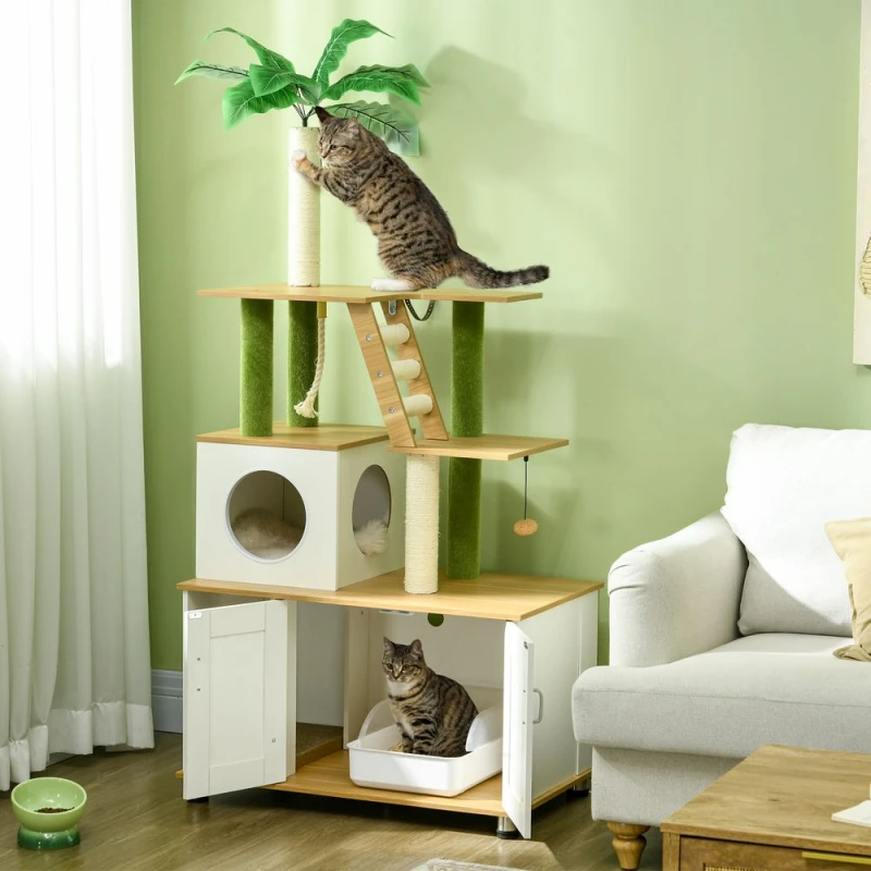 Image of PawHut Pawhut - 2-in-1 Hidden Litter Box with Green Leaf Cat Tree, Indoor - Oak 5056725535216