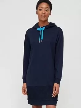 Image of Armani Exchange Organic Cotton Knit Detail Hoodie Dress - Navy, Size L, Women