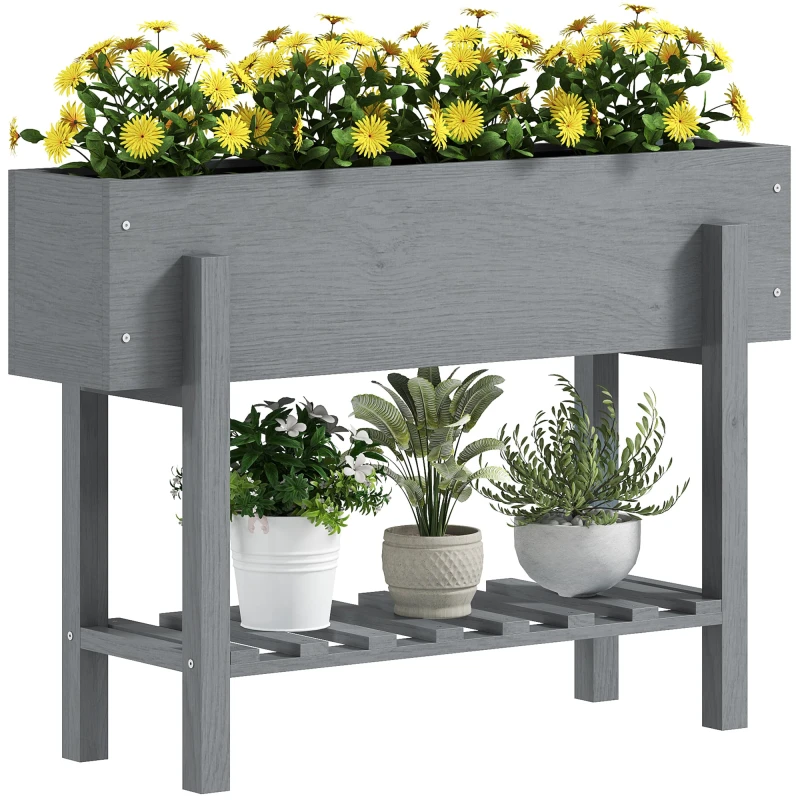 Image of Outsunny Wooden Raised Bed w/ Bed Liner - Storage Shelf - Grey TJ Hughes 5063603610460