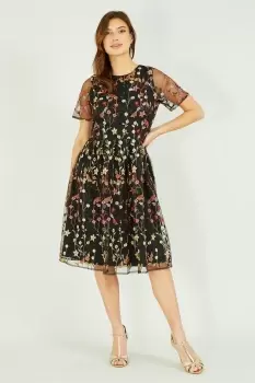 Image of Black Embroidered Floral Skater Dress
