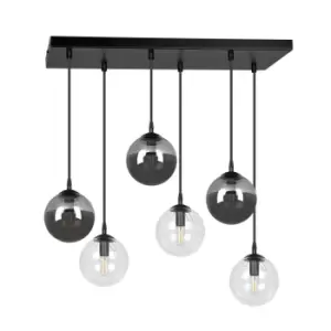 Image of Cosmo Black Globe Cluster Pendant Ceiling Light with Clear, Graphite Glass Shades, 6x E14