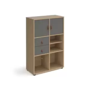 Image of Universal cube storage unit 1295mm high on glides with matching shelf, 2 cupboards and drawers - oak with grey inserts
